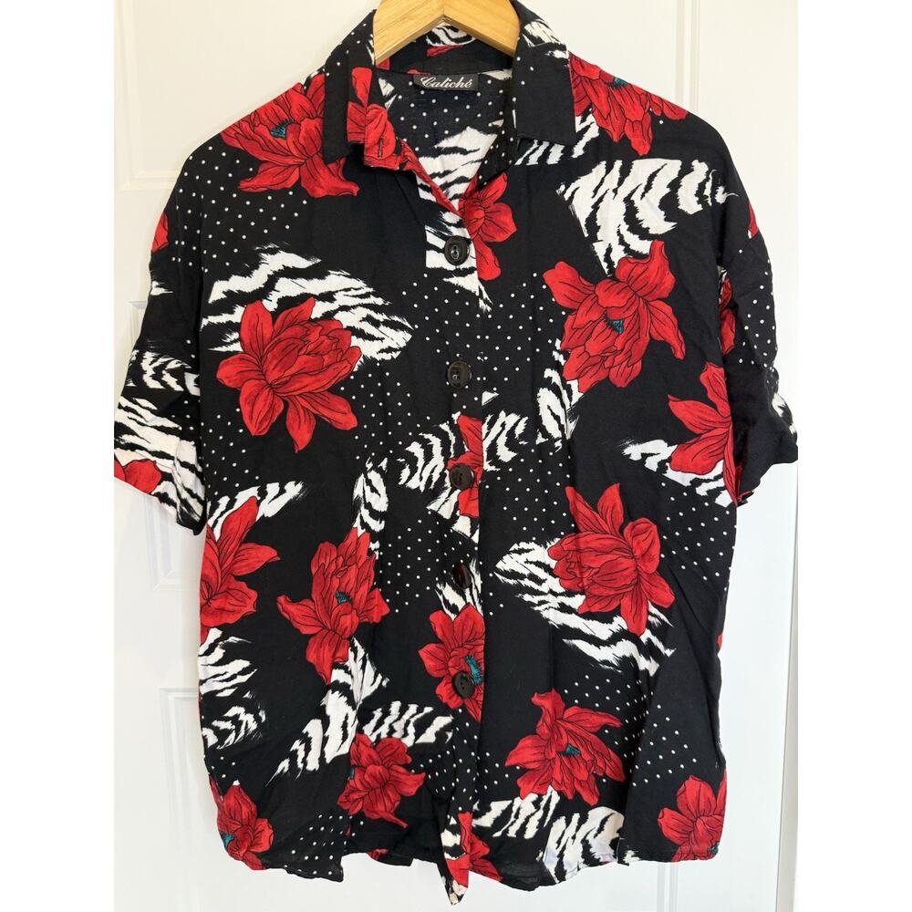 Vintage Caliché Floral Zebra Print Button Front Shirt Black Red Short Sleeve S